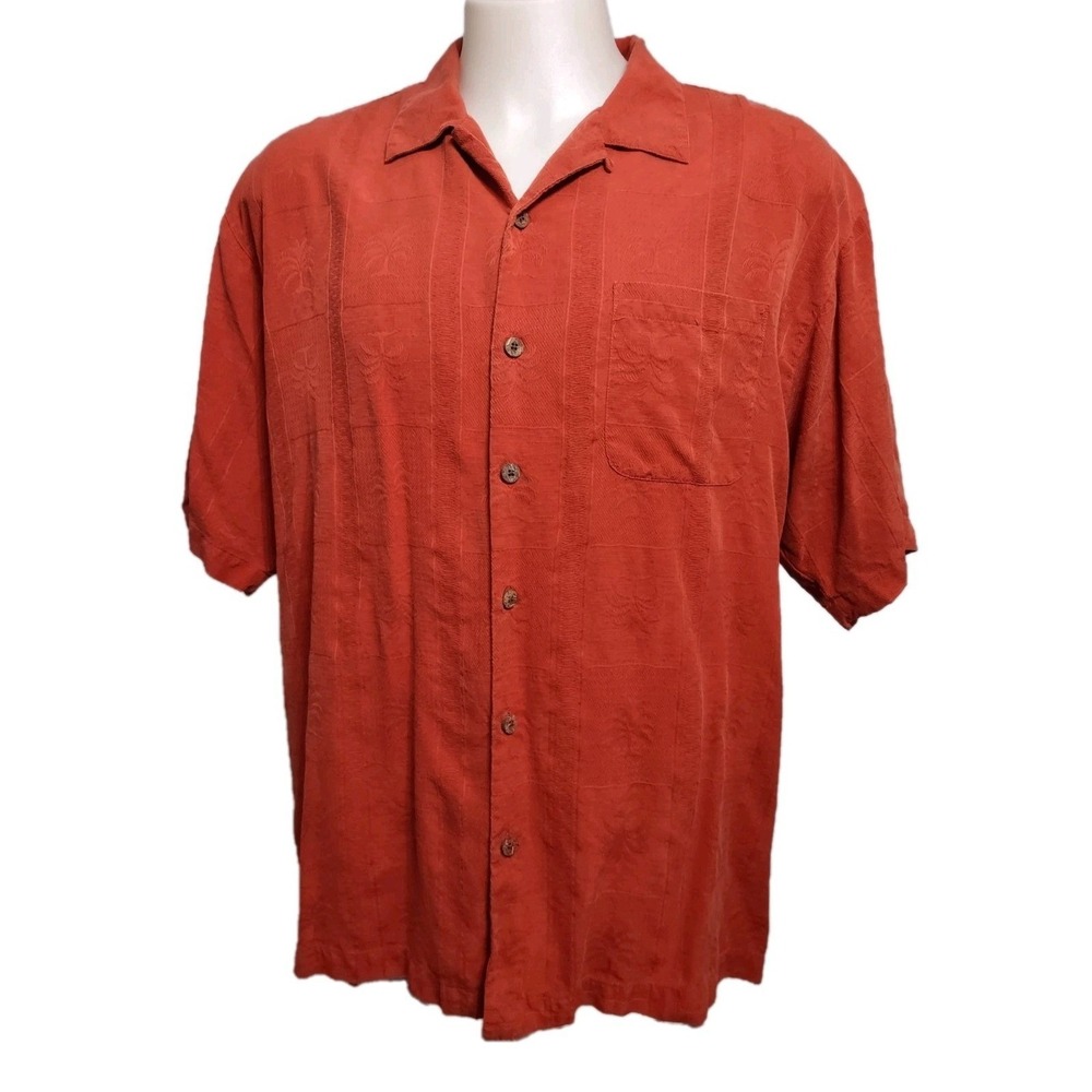 Tommy Bahama Button Up Shirt Men's XLarge Short Sleeve 100% Silk Wooden Buttons